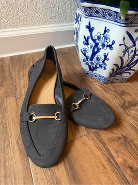 Black Slip-On Loafers with Gold Detail